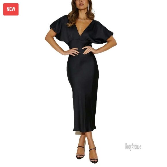 Satin V-Neck Puffy Sleeve Midi Dress Empire Waist Tie Back Formal